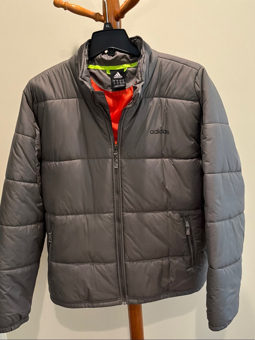 adidas Men's Gray Quilted Puffer Jacket with Orange Lining size xl
